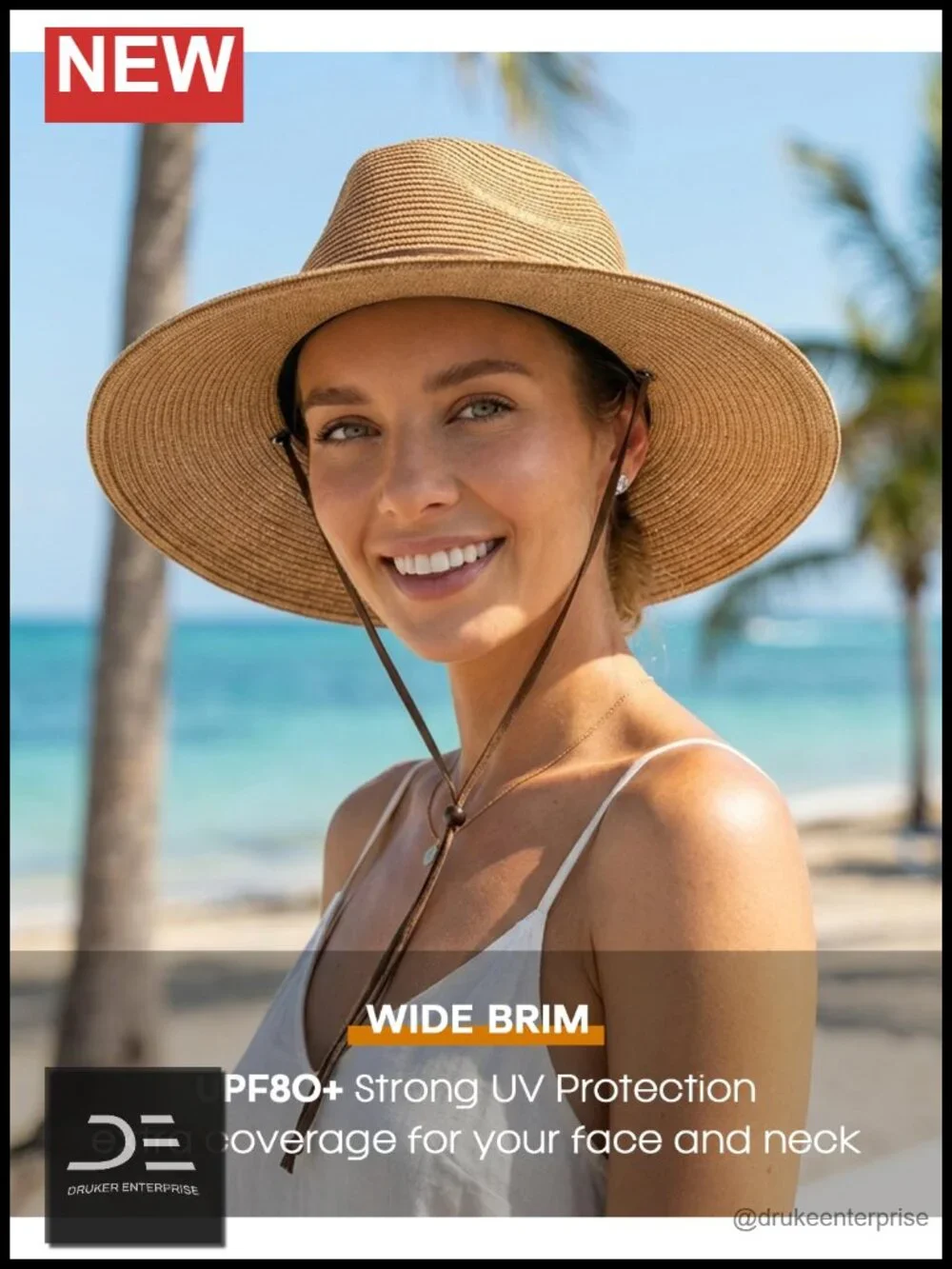 Straw Panama Fedora Sun Hat with Wind Lanyard UPF 50+ Packable